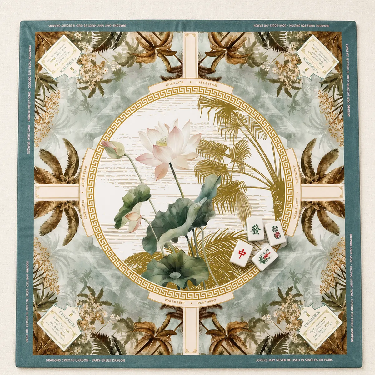 The Lotus Imperial Mat, teal sage mat with a hand-painted lotus and golden Greek key border