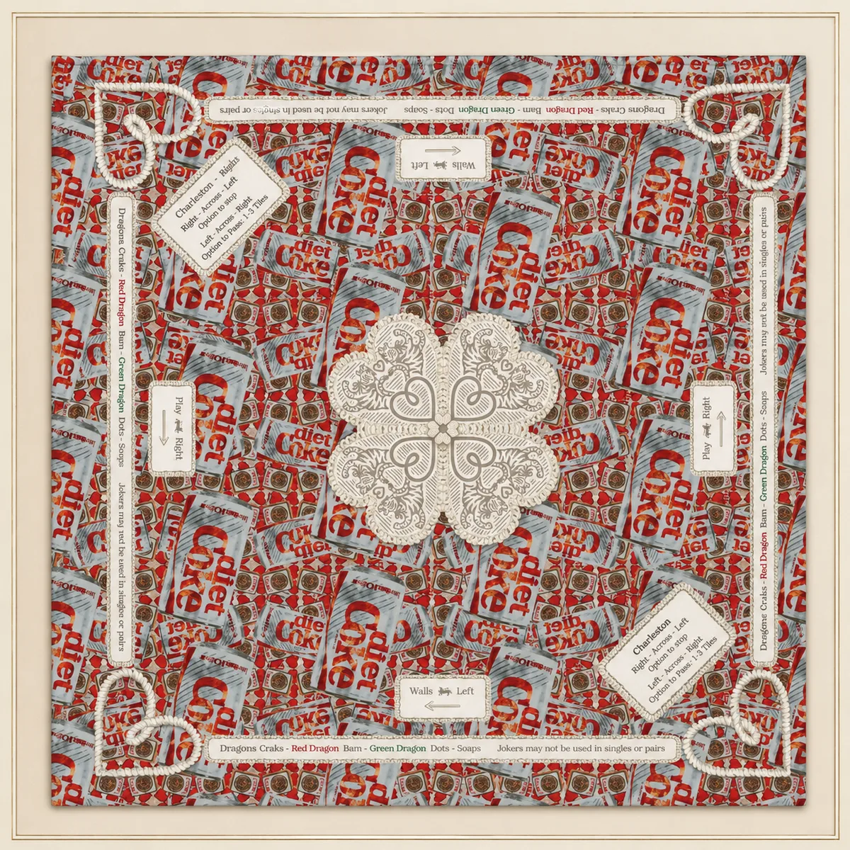 The Pop Soda Mat, crimson and pale blue mat with a repeating vintage soda-can print
