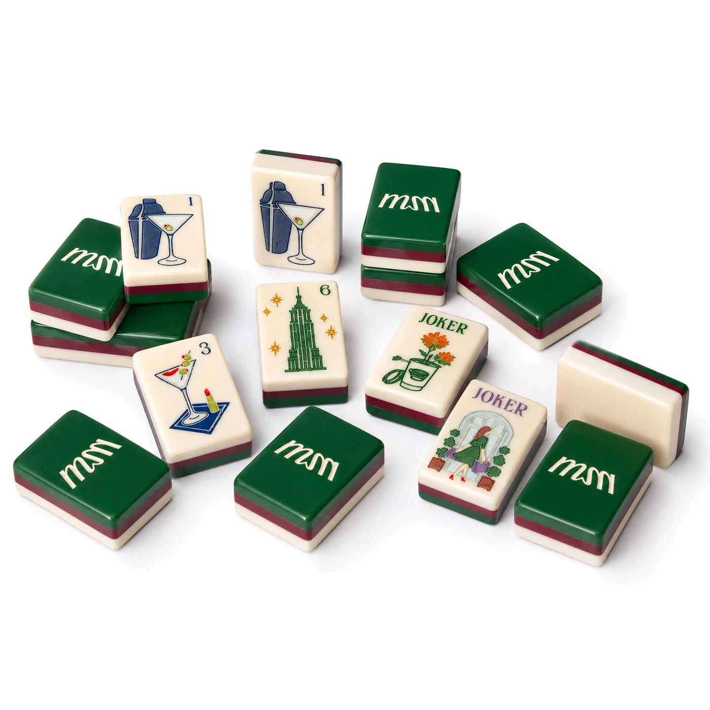 The Forest Set, forest green and burgundy layered mahjong tiles
