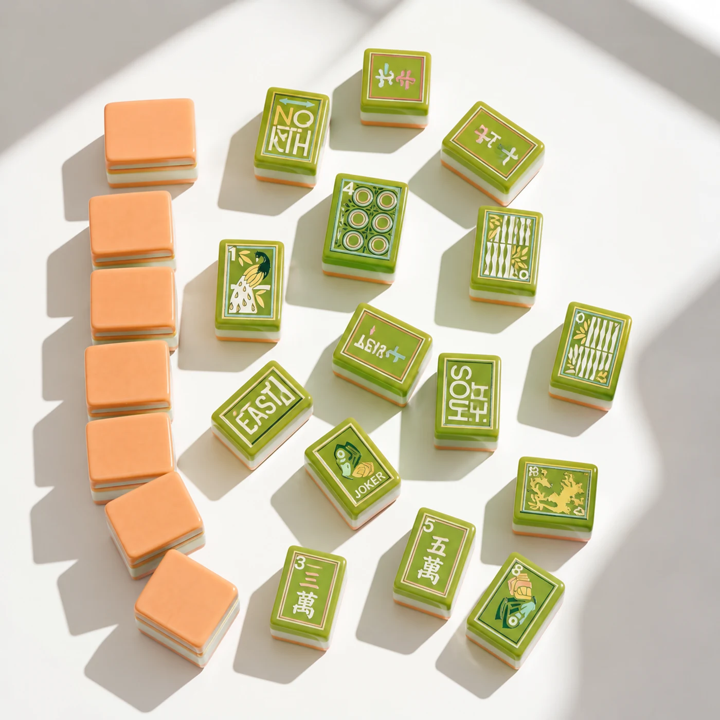 The Peach and Sage Set, peach and sage green layered mahjong tiles