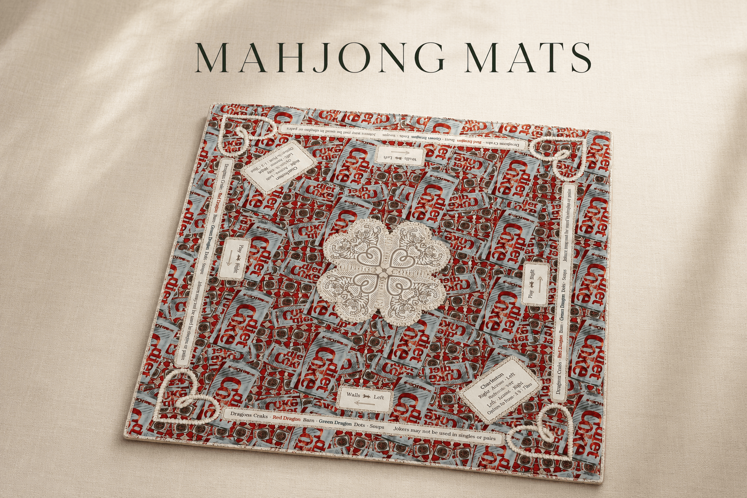 Square printed mahjong mat with Charleston reminders stitched around the border