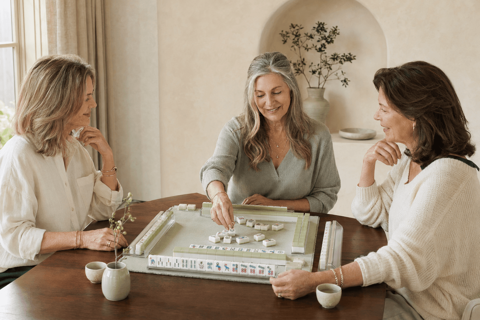 Three friends laughing around a dining table mid-game, tiles arranged on their racks