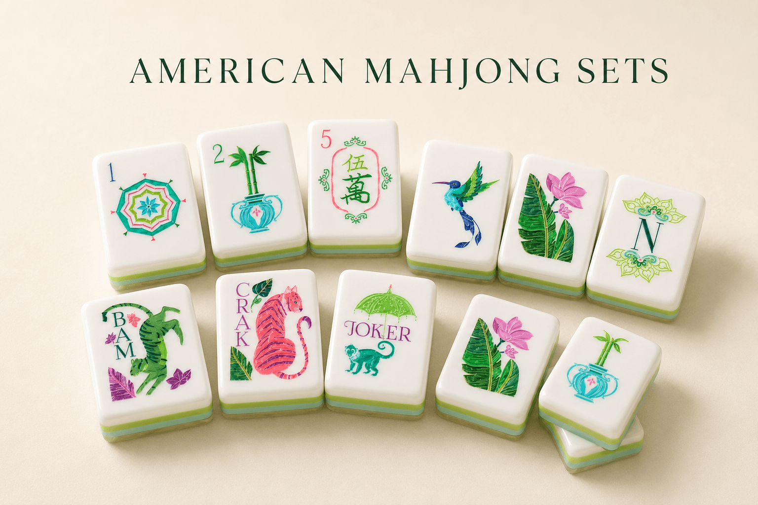 American mahjong tiles with colorful hand-painted suits, flowers, and a joker tile